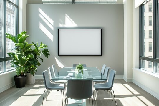 A modern meeting room with a blank 3D TV, glass table, chairs, large windows bringing in natural light, and lush plants, creating a fresh and inviting atmosphere.