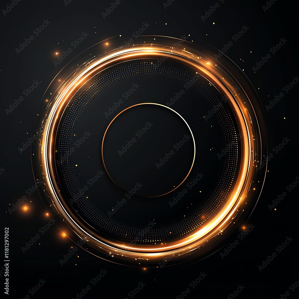 Poster a stunning circular abstract design featuring glowing golden lines and sparkles against a dark backg