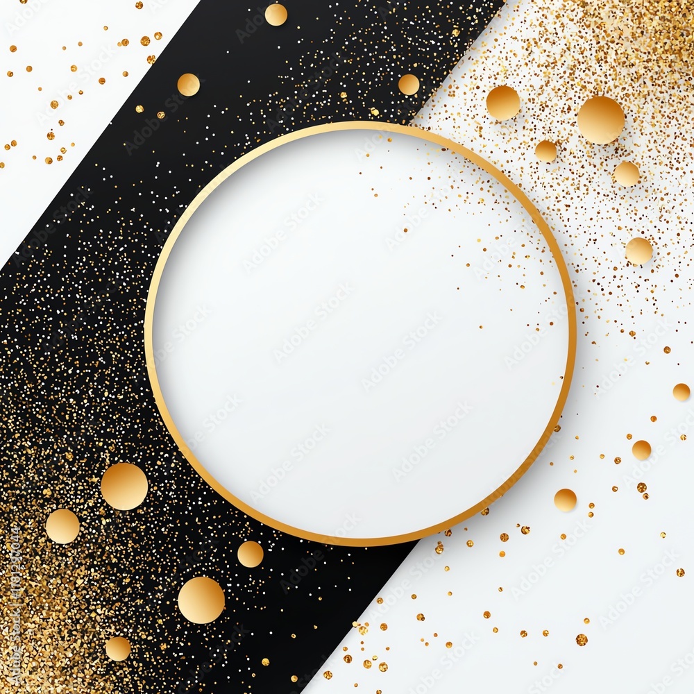Poster a stylish abstract background featuring a circular frame surrounded by sparkling gold and black elem