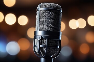 A microphone on stage during a performance with a focus on sound and music equipment