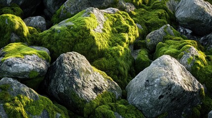 Mossy rocks on ground, no people, for nature or environmental stock use