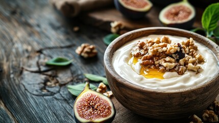 Fototapeta premium Creamy Greek yogurt topped with a drizzle of honey, walnuts, and fresh figs, served in a rustic bowl with a wooden background