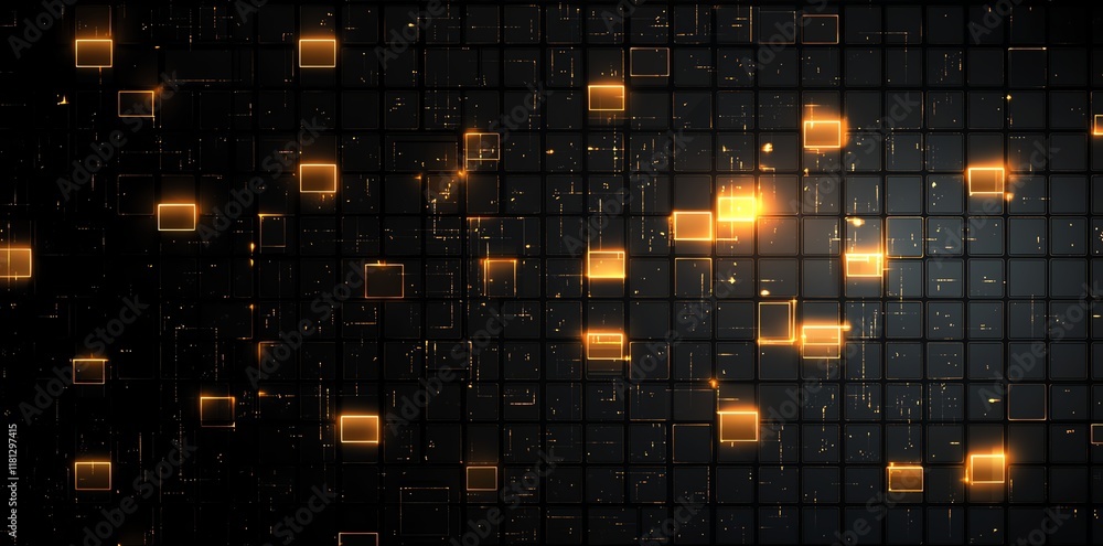 Poster a futuristic abstract background featuring glowing squares on a grid pattern, symbolizing digital in