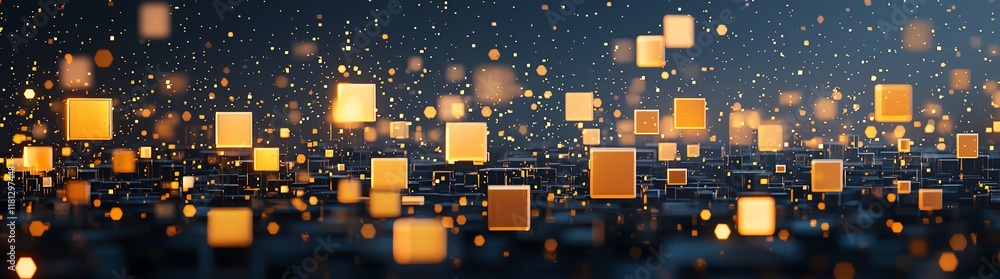Poster a visually captivating scene featuring floating illuminated squares against a dark backdrop