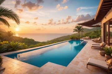 Tropical hotel swimming pool at night with palm trees and ocean view