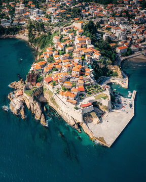 Aerial view of the historic town of Kalaja with beautiful coastal architecture and the Mediterranean sea, Ulcinj, Montenegro.