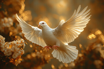 A dove descending as the Holy Spirit, surrounded by light and a peaceful sky, symbolizing divine grace.