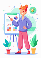 Startup founder in relaxed loungewear presenting innovative business idea on whiteboard. Young professional explaining marketing strategy with arrows, charts, and key points.

