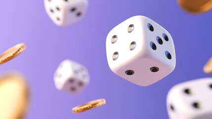 Dice game, with white dices and gold coins, Generative AI