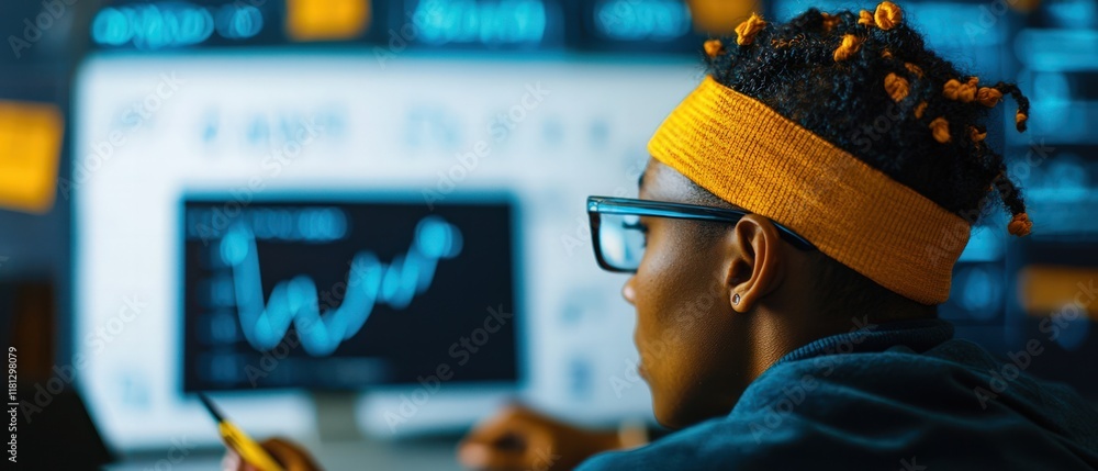 Poster a focused individual analyzes data trends on a computer screen, showcasing a blend of technology and