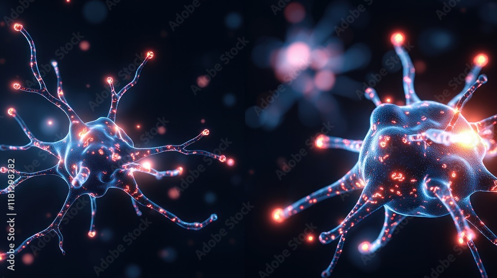 Poster vibrant microbiology concept of neurons and synapses in dark space