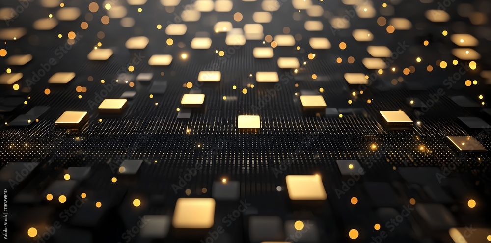 Poster a close-up view of a digital circuit board with glowing golden squares illuminating a dark backgroun