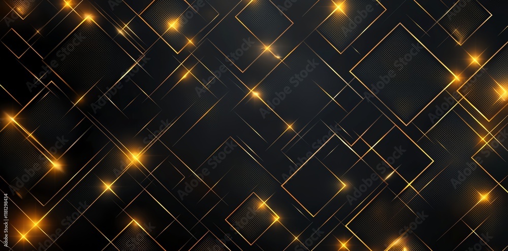 Poster a stunning abstract background featuring luminous golden squares and sparkling lights on a dark back