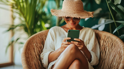 Happy female tourist wearing sunglasses and straw hat using smartphone while relaxing on a comfortable wicker chair in a tropical resort during summer vacation