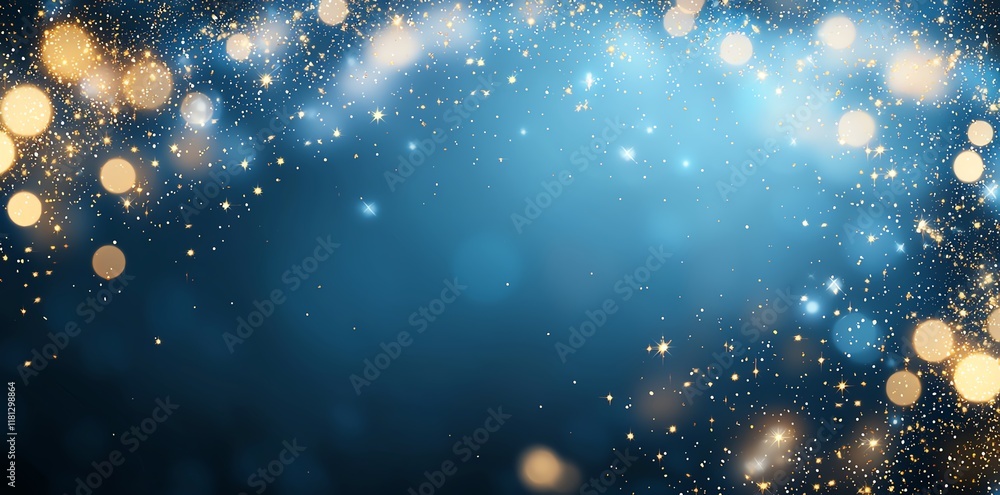 Poster a mesmerizing abstract background featuring a blend of soft blue hues and sparkling golden lights. i