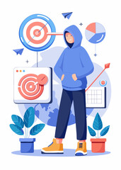 Person in oversized hoodie outlining business goals, displaying strategic goals on large screen with arrows pointing to target achievements and milestones. Vector illustration.


