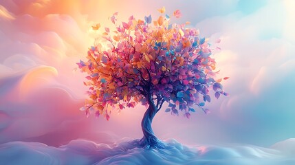 Abstract 3D tree with hanging branches and a burst of colorful leaves, floating in a surreal background of soft pastel gradients and fluid textures.