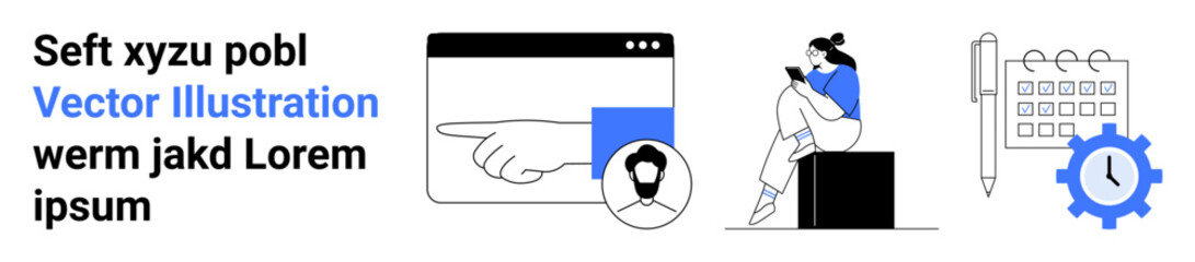 Web browser pointing to user profile, person seated on a box using a phone, calendar and clock, pencil tool. Ideal for digital communication, user interaction, mobile usage, scheduling, time