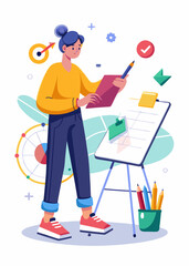 Professional in relaxed attire drafting a new business proposal with diagrams and arrows, working on a notebook. Business professional creating strategy and plans for a project.