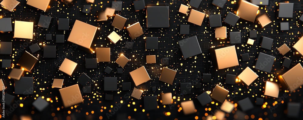 Poster abstract image showcasing a dynamic composition of cubes in gold and black hues, creating a mesmeriz
