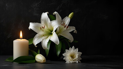 Fototapeta premium Beautiful Lily and Flickering Candle Set Against a Dark Background Creating a Serene Atmosphere