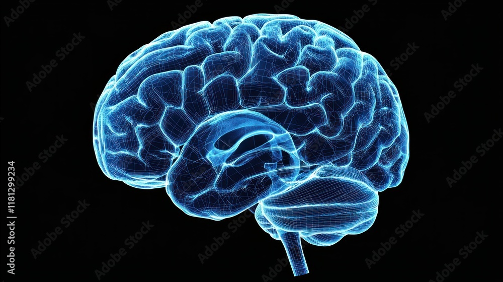 Poster futuristic wireframe representation of a human brain structure