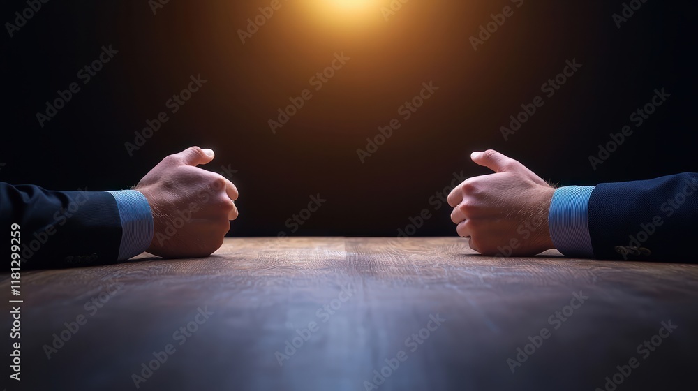 Poster two hands are positioned on a table facing each other under a spotlight, suggesting confrontation or