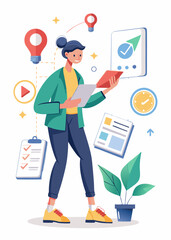 Professional in baggy attire reviewing a business innovation proposal, with documents displaying new concepts, arrows highlighting key elements, and visual trends.
