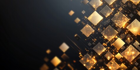 Obraz premium A dynamic abstract background featuring glowing golden squares on a dark surface, perfect for modern designs and digital applications. Ideal for enhancing visual appeal.