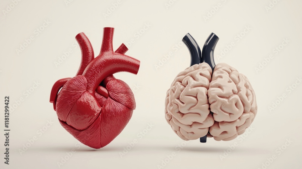 Poster Heart and Brain Conceptual Illustration Representing Emotion and Logic