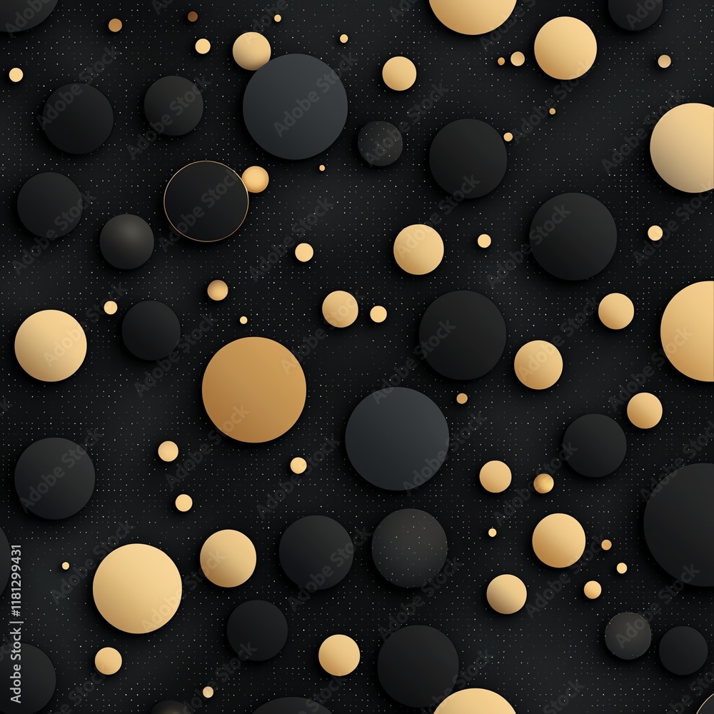 Poster abstract design featuring a mix of golden and black circular shapes on a textured background. this e