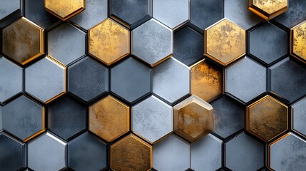 A seamless pattern of metallic hexagons transitioning between gold and silver. 