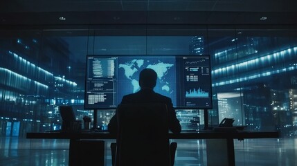 Person reviewing data, nighttime city view.