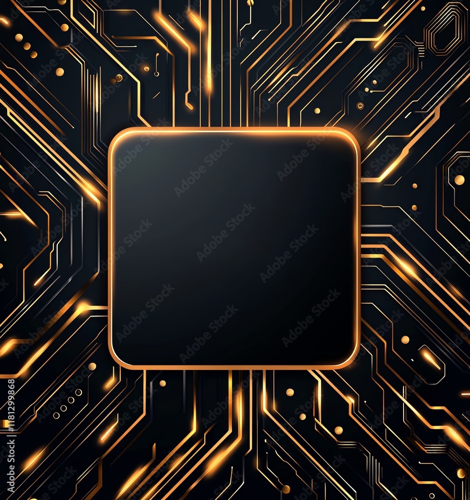 Poster a close-up view of a black square embedded in a vibrant circuit board design, featuring intricate li