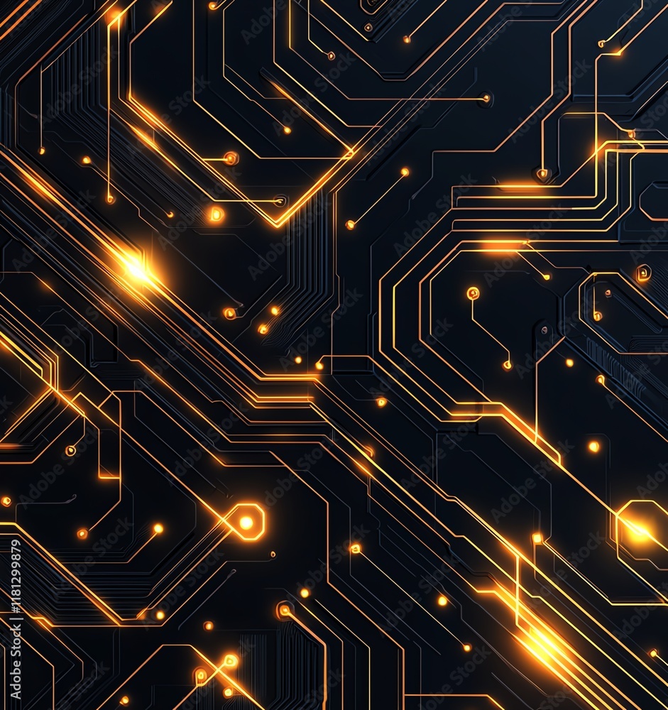 Poster this image features a vibrant and intricate circuit board design with glowing elements, symbolizing 