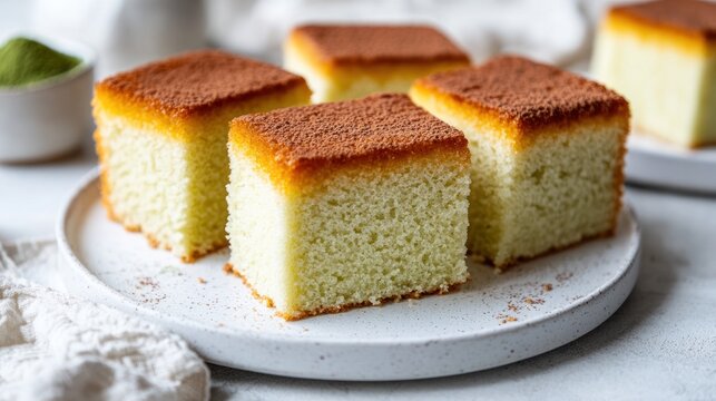 Fluffy castella cake with a golden brown top and soft, airy texture, sliced and arranged on a minimalist white plate with a hint of matcha powder