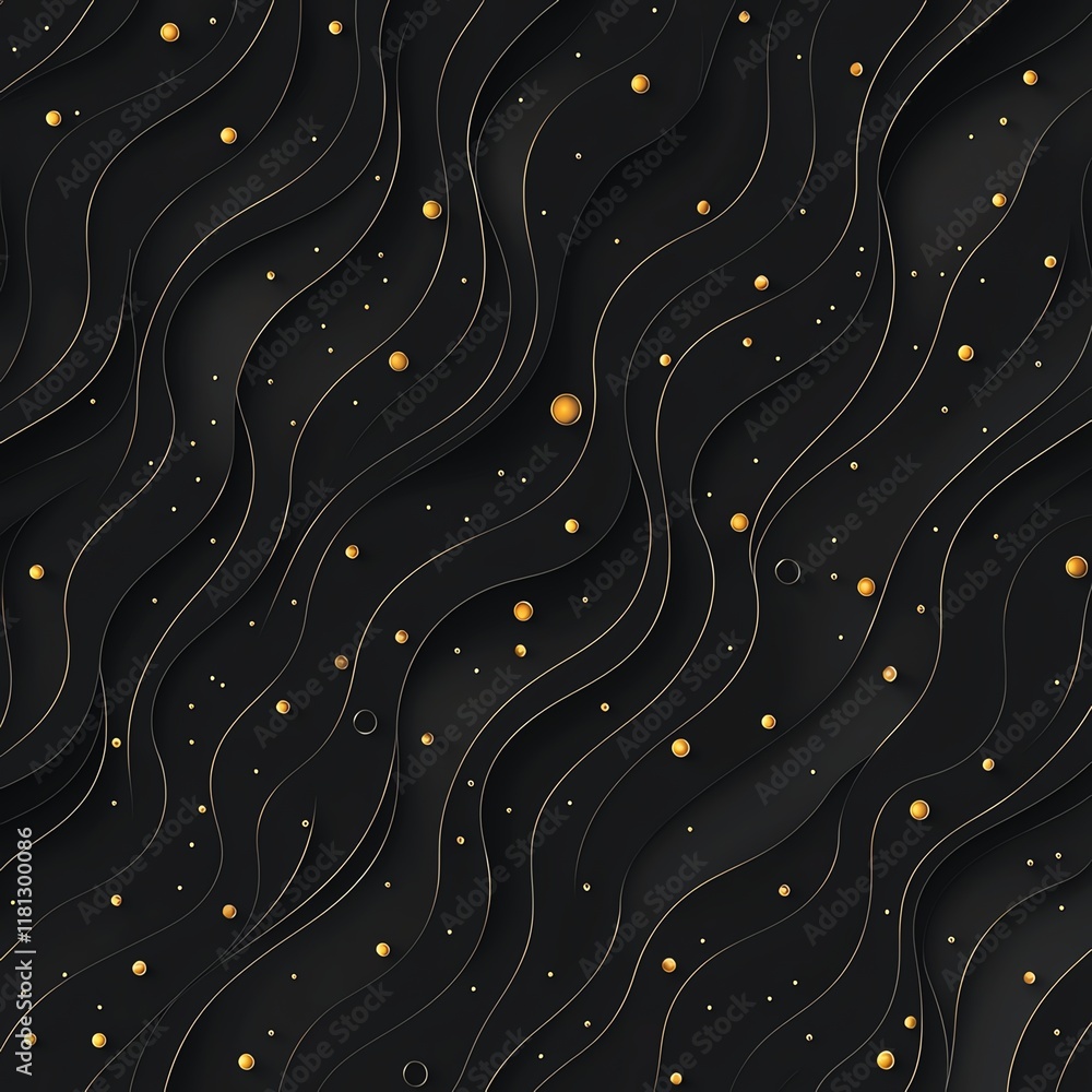 Poster a visually striking abstract pattern featuring wavy lines and golden dots against a dark background,
