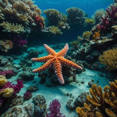 A starfish in the middle of an expansive underwater garden filled with vibrant marine life.