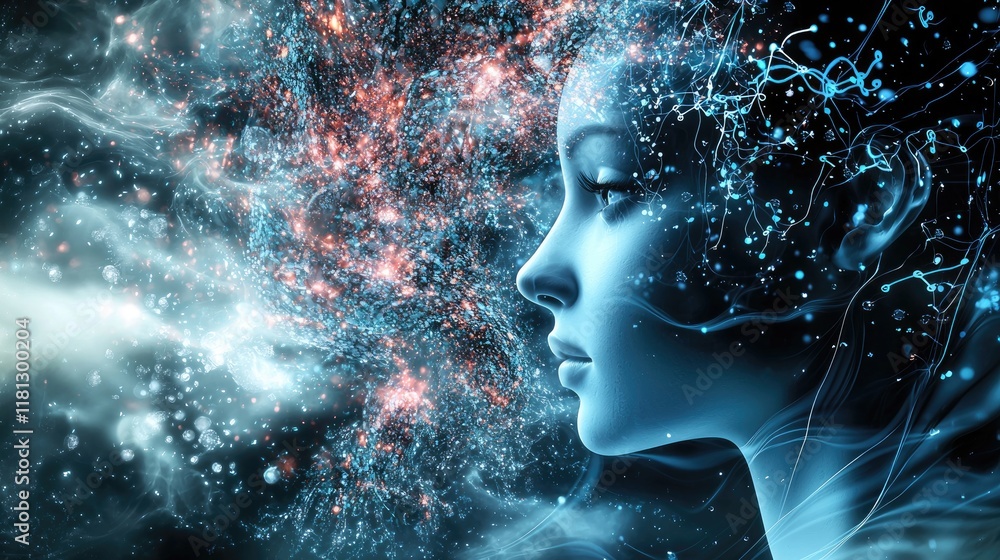 Poster Futuristic digital illustration depicting the concept of artificial intelligence with neural networks and data flow, emphasizing technological innovation and brain activi