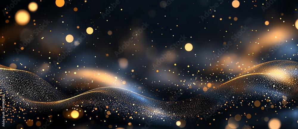 Poster a mesmerizing abstract background showcasing flowing waves of golden light and shimmering particles,