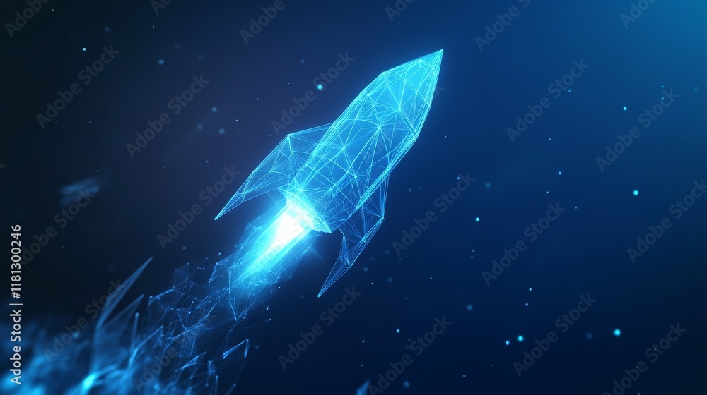Wall mural a blue rocket soaring into the vast expanse of space, a polygon mesh with connecting dots and lines 