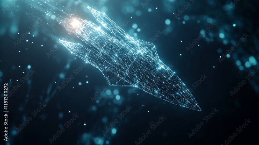 Wall mural a blue rocket soaring into the vast expanse of space, a polygon mesh with connecting dots and lines 