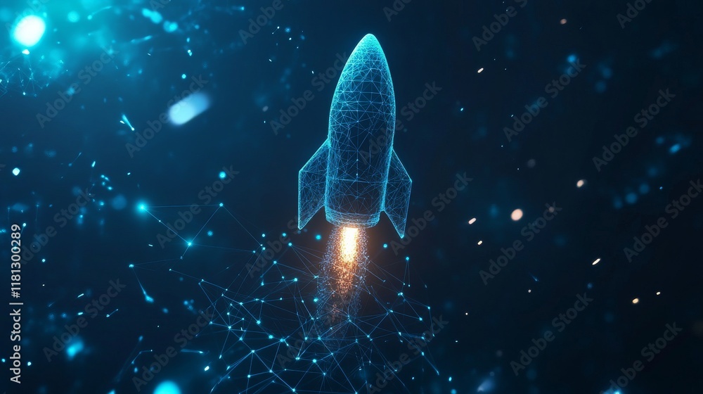 Wall mural a blue rocket soaring into the vast expanse of space, a polygon mesh with connecting dots and lines 