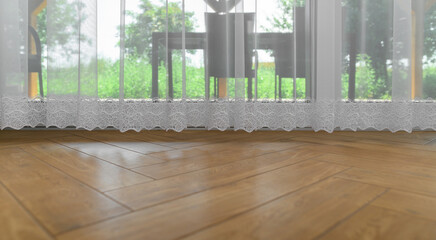 Wykończenie wnętrz, ładne dekoracyjne bawełniane haftowane firanki wiszące w oknie ,  © Paweł Kacperek