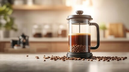 French press brewing coffee with fresh ground coffee beans scattered around, placed on a kitchen counter with a minimalist background