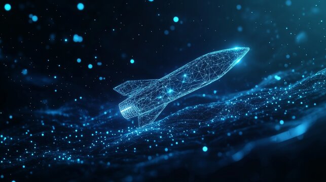 A blue rocket soaring into the vast expanse of space, a polygon mesh with connecting dots and lines on a dark blue background