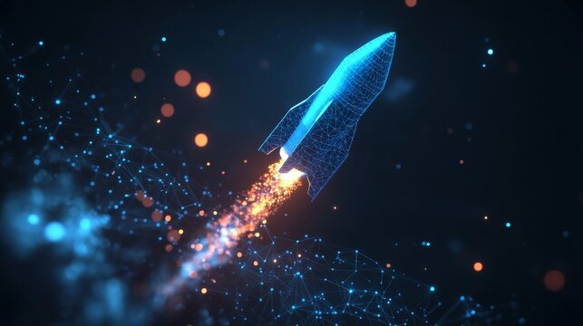 A blue rocket soaring into the vast expanse of space, a polygon mesh with connecting dots and lines on a dark blue background