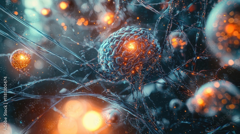 Poster Futuristic digital illustration depicting the concept of artificial intelligence with neural networks and data flow, emphasizing technological innovation and brain activi