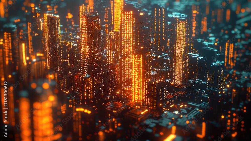 Aufkleber a stunning high-tech cityscape at night illuminated by vibrant lights, featuring a digital binary co