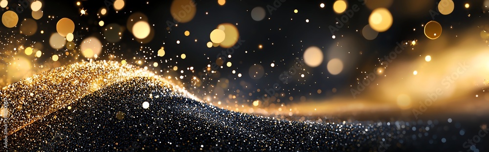 Poster this abstract background features shimmering golden particles and waves of light flowing gracefully,